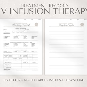 Puede incluir: Un formulario de registro de tratamiento de infusión IV imprimible con secciones para información general, cóctel de terapia IV, vitaminas, minerales y aminoácidos de infusión, medicamentos de infusión y signos vitales. El formulario está diseñado para ser utilizado por profesionales de la salud.