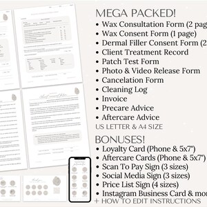 May include: A collection of printable forms and templates for a beauty business. The image shows several pages of forms, including consultation, consent, and treatment records. A smartphone displays a digital planner. Text lists bonuses and editing instructions.