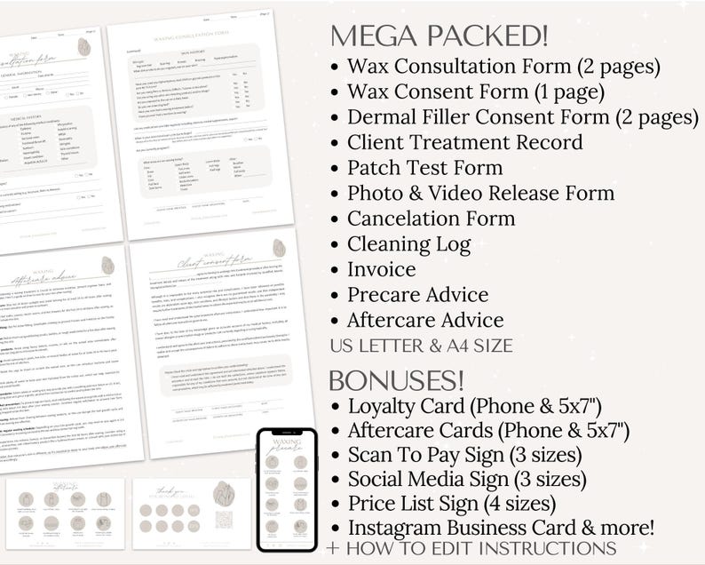 May include: A collection of printable forms and templates for a beauty business. The image shows several pages of forms, including consultation, consent, and treatment records. A smartphone displays a digital planner. Text lists bonuses and editing instructions.