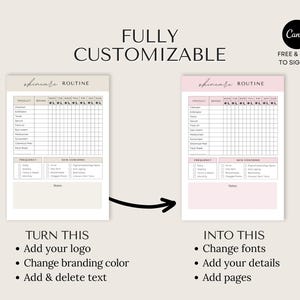 Pu&ograve; includere: Un modello digitale per un planner di routine per la cura della pelle. Il modello presenta una griglia per tenere traccia dei prodotti, dei marchi e dei giorni della settimana. Il modello &egrave; personalizzabile con la possibilit&agrave; di aggiungere un logo, modificare i colori del marchio e aggiungere o eliminare testo. Il modello &egrave; anche personalizzabile con la possibilit&agrave; di modificare i font, aggiungere dettagli e aggiungere pagine.