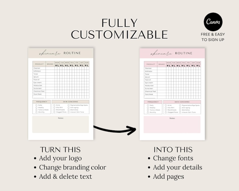 Pu&ograve; includere: Un modello digitale per un planner di routine per la cura della pelle. Il modello presenta una griglia per tenere traccia dei prodotti, dei marchi e dei giorni della settimana. Il modello &egrave; personalizzabile con la possibilit&agrave; di aggiungere un logo, modificare i colori del marchio e aggiungere o eliminare testo. Il modello &egrave; anche personalizzabile con la possibilit&agrave; di modificare i font, aggiungere dettagli e aggiungere pagine.