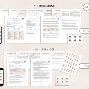 May include: A set of printable forms for microblading and nail services. The forms are in a light brown color scheme with a modern design. The set includes 18 pages for microblading and 8 pages for nail services. The text on the forms includes "Client Intake Form", "Consent Form", and "Aftercare Instructions".