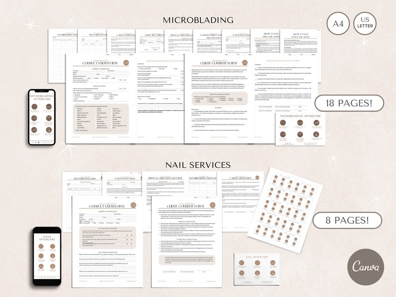May include: A set of printable forms for microblading and nail services. The forms are in a light brown color scheme with a modern design. The set includes 18 pages for microblading and 8 pages for nail services. The text on the forms includes "Client Intake Form", "Consent Form", and "Aftercare Instructions".