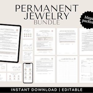 May include: A digital download bundle of printable forms for a permanent jewellery business. The forms include a client consent form, jewellery information form, client work history form, and an order form. The bundle is labelled "Permanent Jewellery Bundle" and "Mega Packed!" in the image.