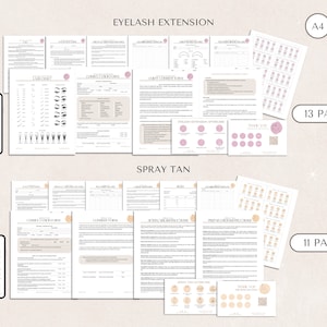 May include: A digital download of printable forms for eyelash extensions and spray tans. The forms are in a pink and white color scheme and include client intake forms, aftercare instructions, and thank you cards. The text "13 PAGES!" and "11 PAGES!" is visible on the image.