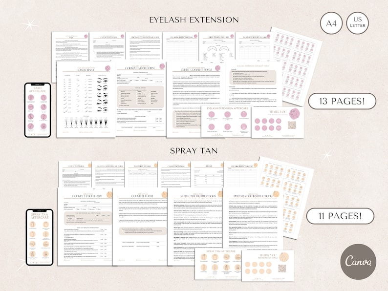 May include: A digital download of printable forms for eyelash extensions and spray tans. The forms are in a pink and white color scheme and include client intake forms, aftercare instructions, and thank you cards. The text "13 PAGES!" and "11 PAGES!" is visible on the image.