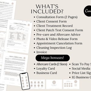 May include: A list of forms and bonus items included in a business kit. The forms include a consultation form, client consent form, client treatment record, client patch test consent form, pre-care and aftercare advice, photo and video release form, appointment cancellation form, cleaning inspection log, and invoice. The bonus items include aftercare cards, a loyalty card, a business card, a scan to pay sign, a social media sign, a price list sign, and an IG business card.