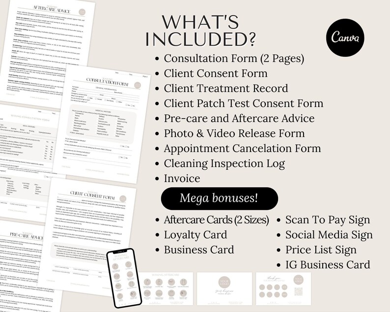 May include: A list of forms and bonus items included in a business kit. The forms include a consultation form, client consent form, client treatment record, client patch test consent form, pre-care and aftercare advice, photo and video release form, appointment cancellation form, cleaning inspection log, and invoice. The bonus items include aftercare cards, a loyalty card, a business card, a scan to pay sign, a social media sign, a price list sign, and an IG business card.