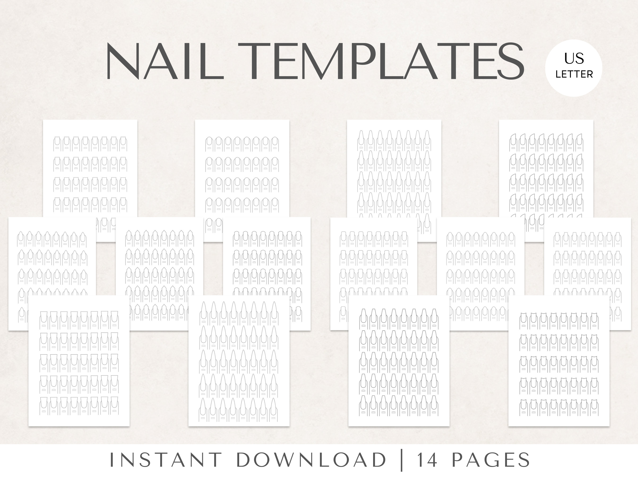 Nail Templates - 14 Shapes, Varied Lengths Nail Art Templates for Press On Nails & Nail Artists - Printable Nail Practice