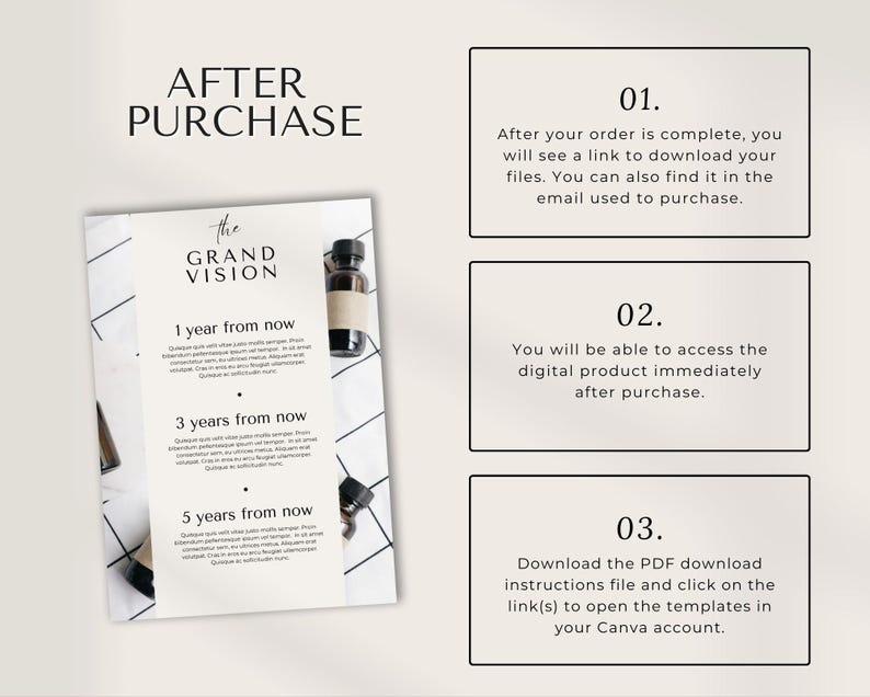 Pu&ograve; includere: Una grafica bianca e nera con il testo "The Grand Vision" e istruzioni per accedere ai prodotti digitali dopo l'acquisto. Il testo include "1 year from now", "3 years from now" e "5 years from now".