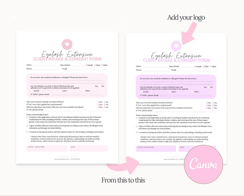 May include: A pink and white printable eyelash extension client intake and consent form with the text "Eyelash Extension Client Intake & Consent Form" at the top. The form includes questions about medical conditions, allergies, and previous eyelash extensions. The form also includes a space for the client's signature and date.