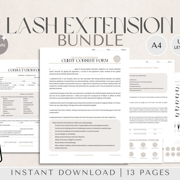 Eyelash Extension Consent Forms for Lash Artists and Estheticians. Includes Eyelash Aftercare Cards and Beauty Templates.