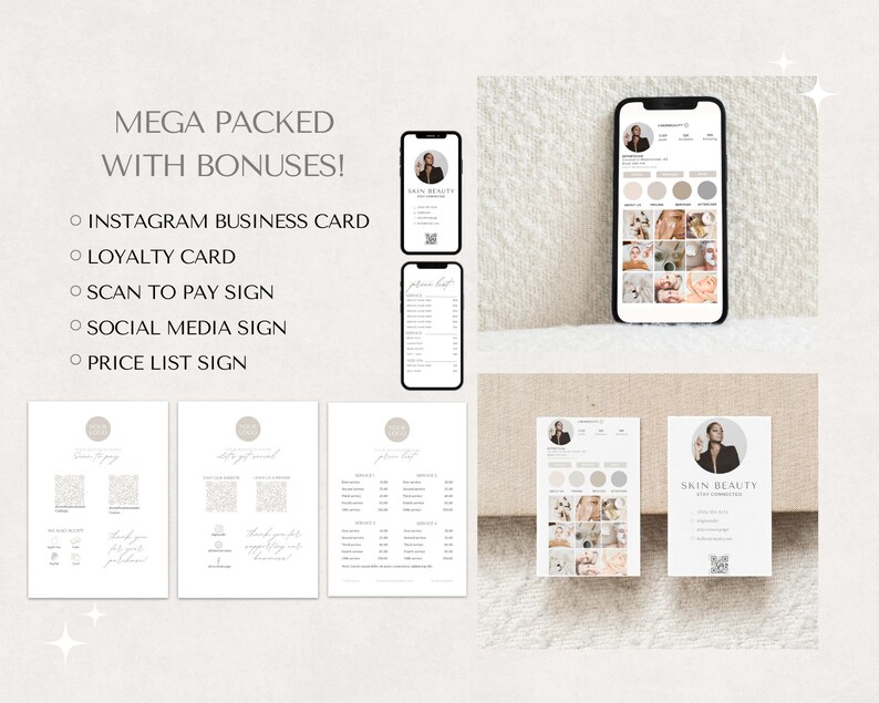 May include: A promotional image featuring various marketing materials for a skin beauty business. Includes an Instagram business card, loyalty card, scan to pay sign, social media sign, and price list sign. The text reads "MEGA PACKED WITH BONUSES!"