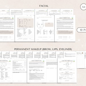 May include: A set of 10 printable forms for permanent makeup consultations. The forms include sections for client information, medical history, desired look, and consent. The forms are designed for both facial and permanent makeup procedures, including brows, lips, and eyeliner.