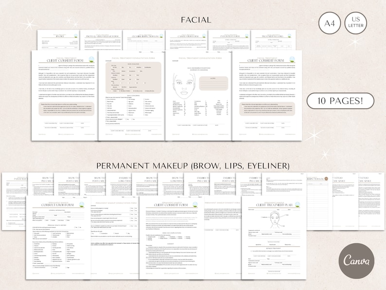 May include: A set of 10 printable forms for permanent makeup consultations. The forms include sections for client information, medical history, desired look, and consent. The forms are designed for both facial and permanent makeup procedures, including brows, lips, and eyeliner.