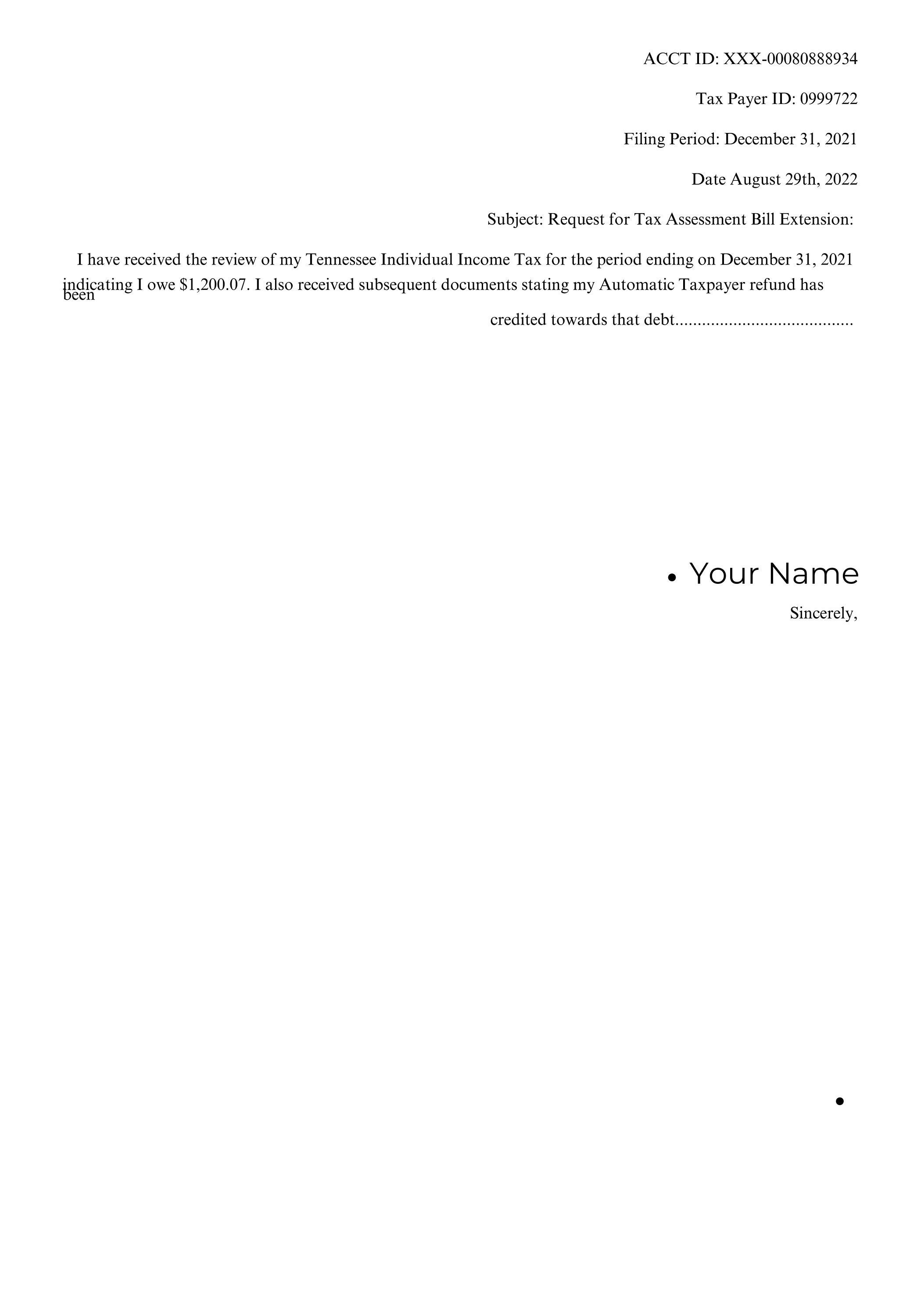 Sample irs tax bill assessment extension letter etsy