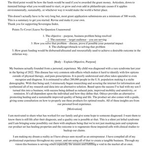 May include: A text-based document outlining the process of applying for a grant. The document includes a list of points to cover when writing a grant application, including the objective, purpose, customer, challenges, and how grant funding would be used.