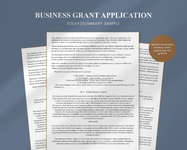 May include: A business grant application essay sample with a title and a section titled "Essay/Summary Sample". The essay discusses the challenges of a rare syndrome and the business owner's motivation to help others.