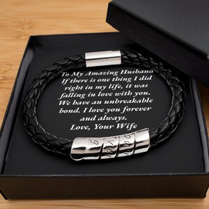 Pulseira de couro preto, presente do marido, cartão de mensagem para o marido, pulseira masculina, melhor presente para o marido, presente de dia dos namorados para o marido,