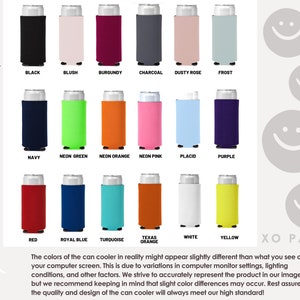May include: A chart showing 18 different colors of slim can coolers. The colors include black, blush, burgundy, charcoal, dusty rose, frost, navy, neon green, neon orange, neon pink, placid, purple, red, royal blue, turquoise, Texas orange, white, and yellow. The text "XO Party" is at the bottom right of the image.