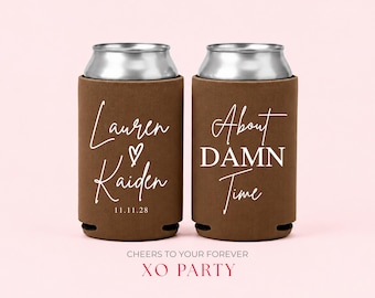 Personalized Wedding Can Coolers | Custom Wedding Favors | About Damn Time Wedding Can Coolers | Names and Date Wedding Favors | Bulk Favors