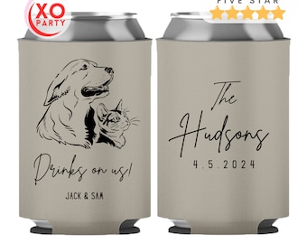 Custom Pet Illustration Wedding Can Coolers: Dog & Cat Favors