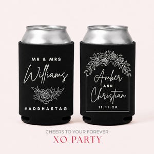 Floral Wedding Can Cooler | Personalized Wedding Favor | Mr and Mrs Wedding Can Cooler | Custom Wedding Favors with Hashtag | Favors in Bulk