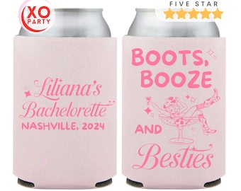May include: Two pink can coolers. One cooler says "Liliana's Bachelorette Nashville, 2024". The other cooler says "Boots, Booze and Besties" with a cartoon image of a woman in a cowboy hat and boots.