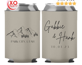 Personalized Mountain Wedding Can Cooler Favor for guests in bulk Wedding Party Gift for Bachelorette Party Reception Coolie