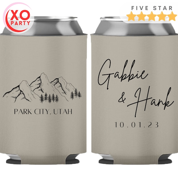 Personalized Mountain Wedding Can Cooler Favor for guests in bulk Wedding Party Gift for Bachelorette Party Reception Coolie