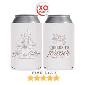 Desert Wedding Can Coolers | “Cheers to Forever” Cactus Favors | Southwestern Wedding Drink Sleeves | Personalized Desert Party Gifts