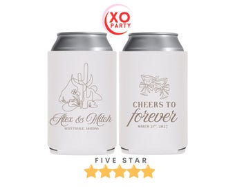 Desert Wedding Can Coolers | “Cheers to Forever” Cactus Favors | Southwestern Wedding Drink Sleeves | Personalized Desert Party Gifts