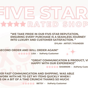May include: Five star rated shop with customer testimonials. The text reads "We take pride in our five-star reputation, ensuring every purchase is a seamless journey into luxury and customer satisfaction."  "Second order and will order again!"  "Great communication & product, very happy with our experience."  "Super fast communication and shipping. Was able to work with me to get my items quickly when I was on a bit of a time crunch! Thanks so much!"