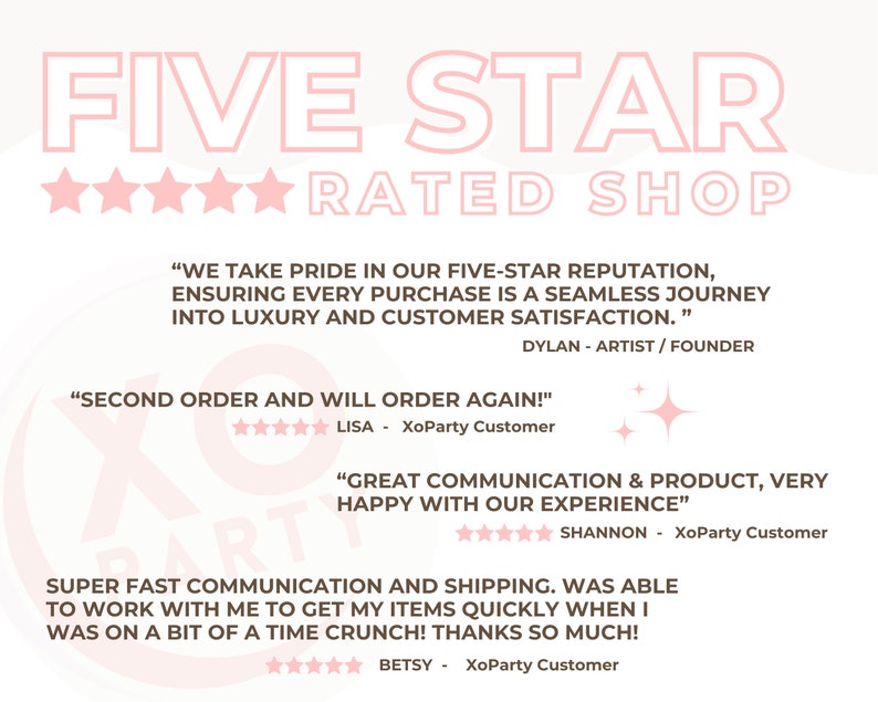 May include: Five star rated shop with customer testimonials. The text reads "We take pride in our five-star reputation, ensuring every purchase is a seamless journey into luxury and customer satisfaction."  "Second order and will order again!"  "Great communication & product, very happy with our experience."  "Super fast communication and shipping. Was able to work with me to get my items quickly when I was on a bit of a time crunch! Thanks so much!"