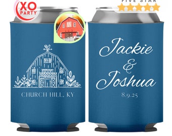 Custom wedding venue Illistration Can Cooler Wedding Favors for guests in Bulk Hand Drawn Venue favors