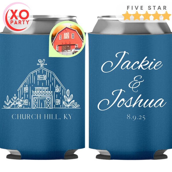 Custom wedding venue Illistration Can Cooler Wedding Favors for guests in Bulk Hand Drawn Venue favors