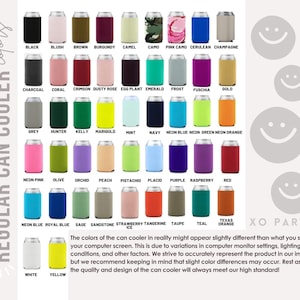 May include: A chart of 36 different colored can coolers. The colors are arranged in rows and columns. The colors include black, blush, brown, burgundy, camel, camo, pink camo, cerulean, champagne, charcoal, coral, crimson, dusty rose, eggplant, emerald, frost, fuchsia, gold, grey, hunter, kelly, marigold, mint, navy, neon blue, neon green, neon orange, neon pink, olive, orchid, peach, pistachio, placid, purple, raspberry, red, neon blue, royal blue, sage, sandstone, strawberry, tangerine, taupe, teal, texas orange, white, and yellow.
