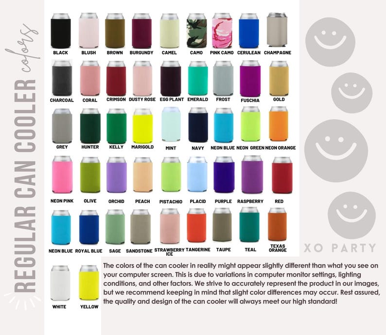 May include: A chart of 36 different colored can coolers. The colors are arranged in rows and columns. The colors include black, blush, brown, burgundy, camel, camo, pink camo, cerulean, champagne, charcoal, coral, crimson, dusty rose, eggplant, emerald, frost, fuchsia, gold, grey, hunter, kelly, marigold, mint, navy, neon blue, neon green, neon orange, neon pink, olive, orchid, peach, pistachio, placid, purple, raspberry, red, neon blue, royal blue, sage, sandstone, strawberry, tangerine, taupe, teal, texas orange, white, and yellow.