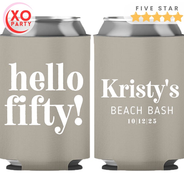 Hello Fifty Can Coolers party favors to Celebrate 50th birthday coolies