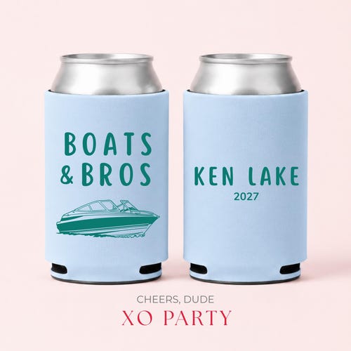 Personalized Lake Can Coolers | Guys Lake Trip Favors | Boats and Bros Party Favors | Custom Boat Party Can Cooler | Bachelor Favors in Bulk