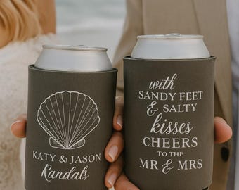Custom Beach Wedding Can Coolers, Sandy Feet & Salty Kisses, tropical Wedding Favor, Personalized Wedding gifts for guests in bulk