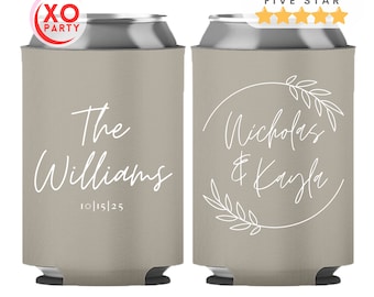 Modern Wedding Can Coolers | Neutral Minimal Script Design | Personalized Wedding Favors | Custom Bride & Groom Drink Sleeves