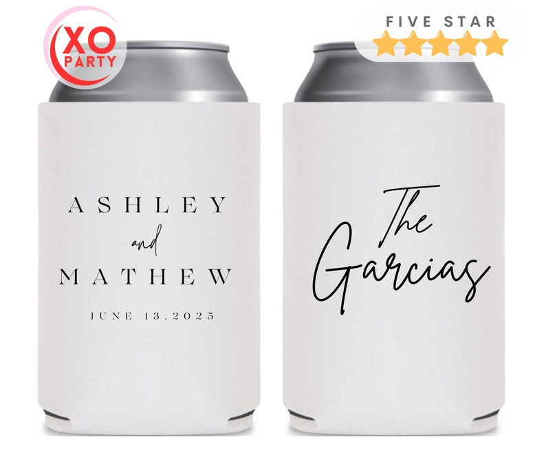 May include: Two white can coolers with black text. The first cooler says "Ashley and Matthew June 13, 2025". The second cooler says "The Garcias".
