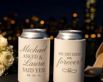 Custom Engagement Party Can Coolers | We Decided on Forever Favors | Custom Wedding Drink Coolers | Bride and Groom Engagement Gifts