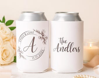 Elegant Wedding Can Cooler | Floral Monogram Wedding Favor | Personalized Bride and Groom Drink Holder | Custom Wedding Reception Gift