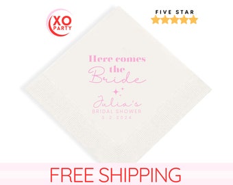 Personalized Bridal Napkins, Wedding favors in bulk, Here Comes The Bride Cocktail and luncheon napkins