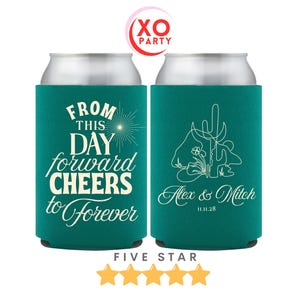 Western Wedding Can Cooler, Personalized Cowboy Wedding Favor, Desert Cactus Can Cooler, Custom Names Wedding Party Favor, Cheers to Forever