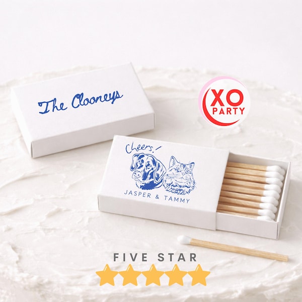 May include: White matchboxes with blue text and illustrations. One box reads "The Clooneys." Another box has a dog and cat illustration with "Cheers!" and "JASPER & TAMMY." The matches are visible in the open box. A "FIVE STAR" rating is shown.