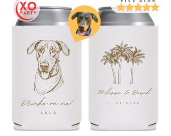 Custom Pet Portrait Wedding Can Coolers: Beach Palm Tree Favors