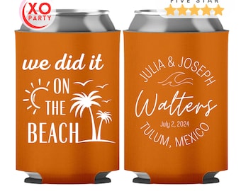 Custom Beach Wedding Can Coolers, Personalized Wedding Favors for Guests in bulk, We Did it at the Beach